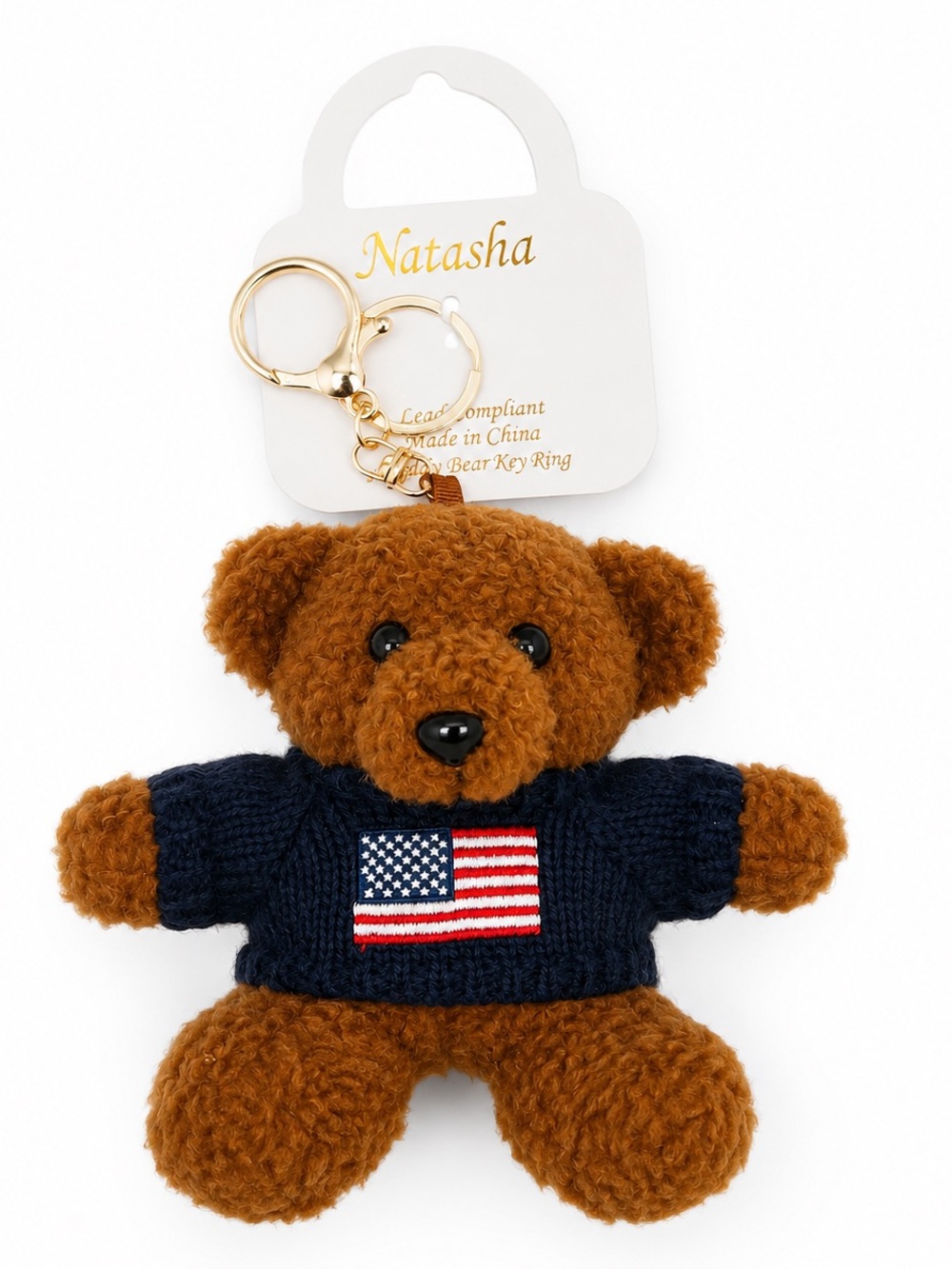 Natasha Couture Brown Teddy Bear Keychain with Navy Sweater and American Flag